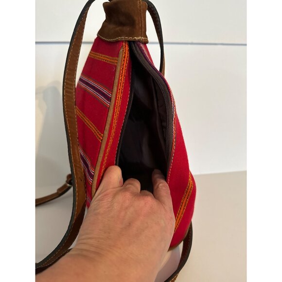 Handmade Guatemalan Red & Brown Leather Trim Backpack With Adjustable Straps - Picture 9 of 10